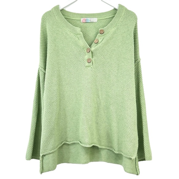 Free People FP Beach Hailee Sweater - Green Waffle Knit Slouchy Henley Top sz M - Picture 3 of 12